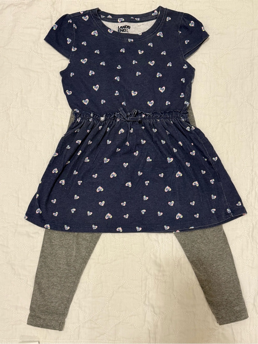Lands' End Set: Navy Top with Pastel Hearts and Grey Leggings